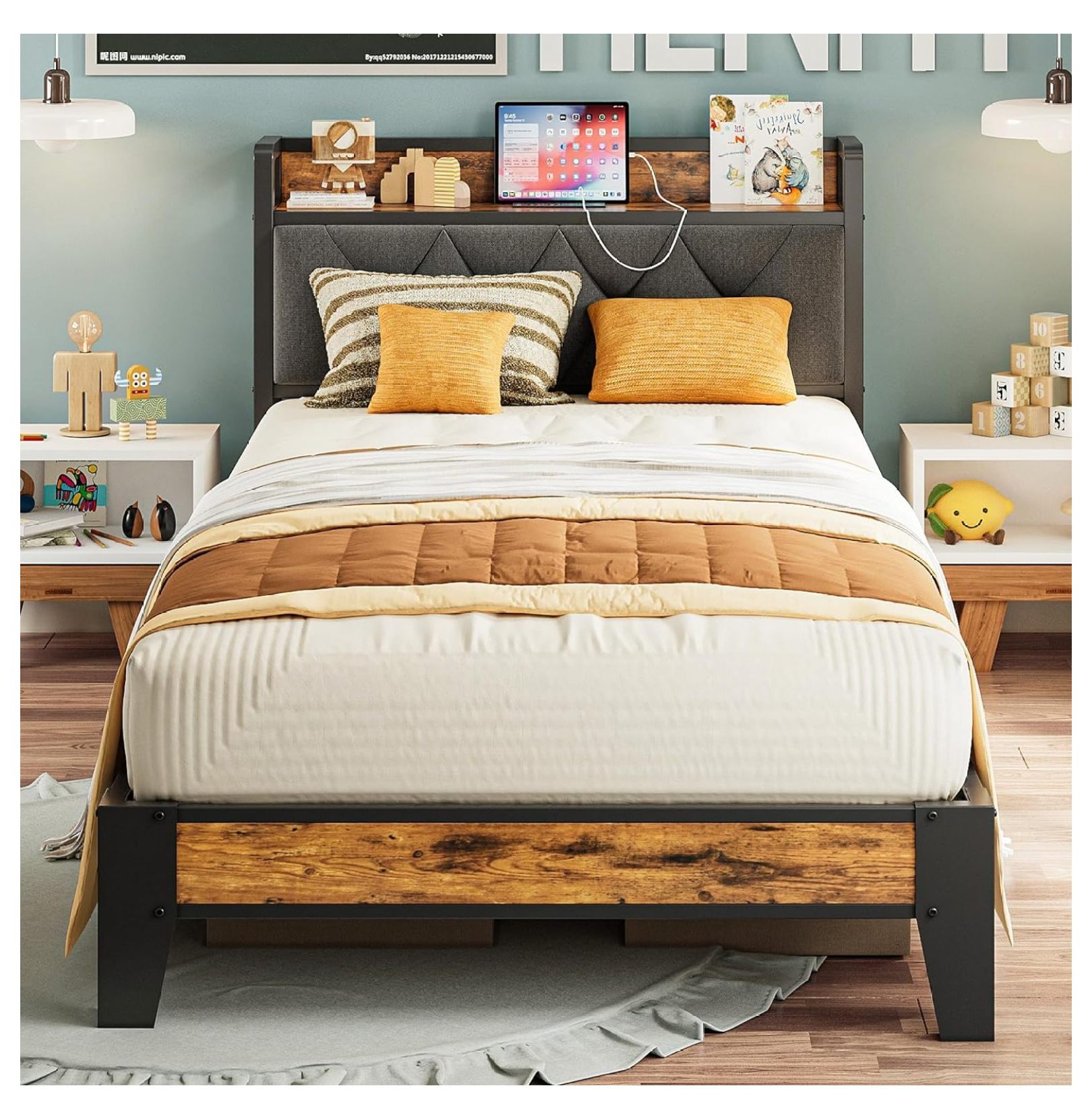 LaYelxt XL Bed Frames, Storage Headboard with Outlets, Easy to Install