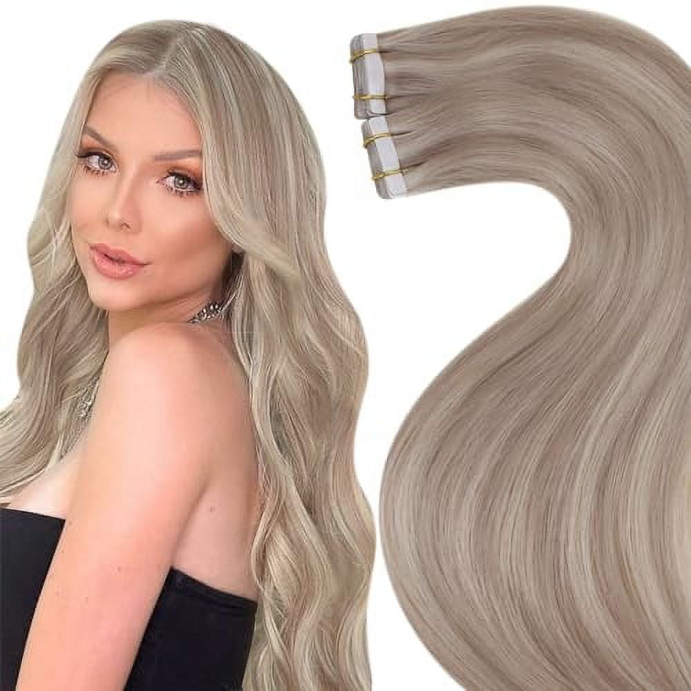 LaaVoo Ash Blonde Hair Extensions Tape in Human Hair Tape in Extensions Ash Blonde Highlighted with Bleach Blonde Tape in Hair Extensions Real Human Hair 20pcs 50 Grams 14Inch Walmart