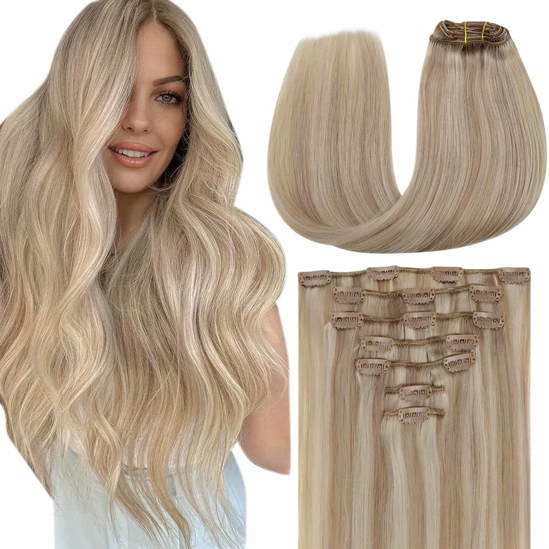 LaaVoo Clip-in Extensions Blond 55 Cm – Echthaar, 70 G/5 Stück, Farbe #12/24, Mit Clips