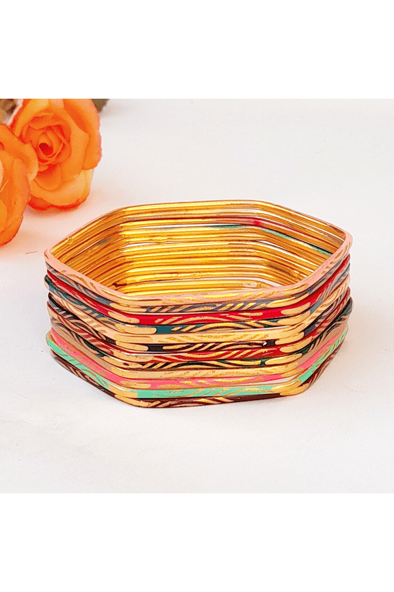 Bangle Bracelets for Women & Girls, Multi Colored Metal Bangle Jewelry, Hexagon, Square Set of 12 bangles