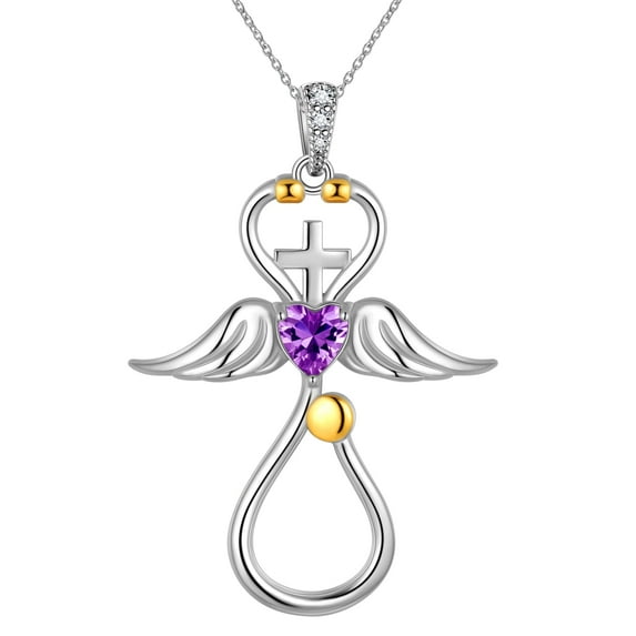 Laatikui Nurse Necklace ,18K Gold Over 925 Sterling Silver Angel Wing Cross Stethoscope Necklace with Heart Birthstone Necklace Medical Jewelry Gift for Doctor Nurse Graduation Medical Student