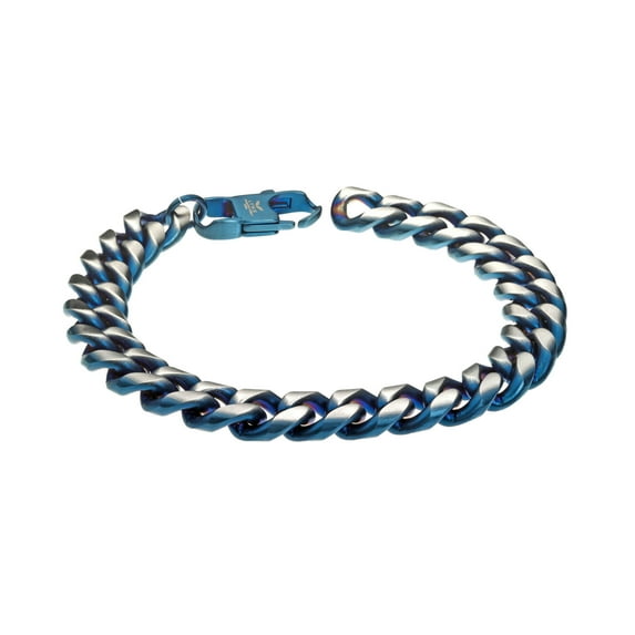 Metro Jewelry Men's Stainless Steel Thick Two Tone Curb Chain Bracelet with Blue Ion Plating and Lobster Clasp - 8.5 Inches Long