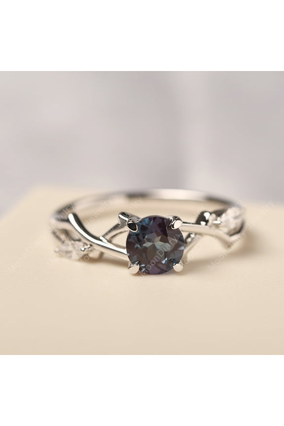 Lab Alex Tree branch engagement ring round cut alexandrite twig ring June birthstone