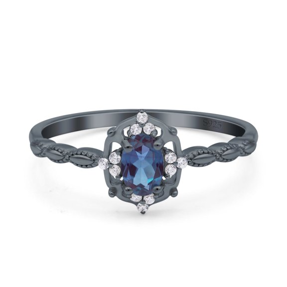 Lab Alexandrite Black Tone Silver Size-10 Art Deco Oval Floral Vintage Style Marquise Design CZ Wedding Engagement Ring 925 Sterling Silver Gifts For Her