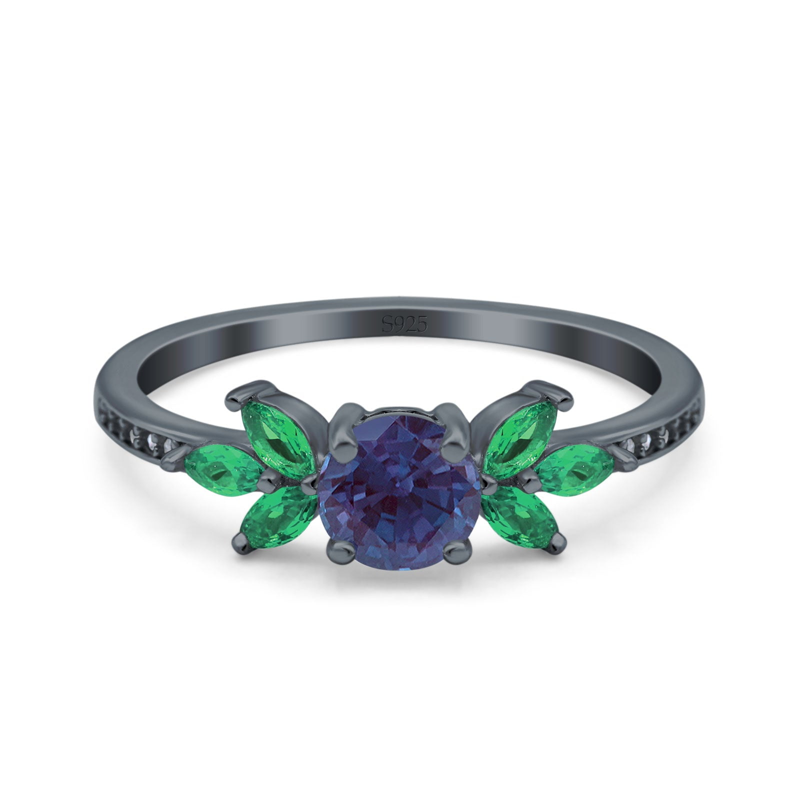 Lab Alexandrite Black Tone Silver Size-10 Art Deco Round Floral Vintage Leaf Style Marquise Green Emerald CZ Wedding Engagement Rings For Women 925 Sterling Silver Gifts For Her