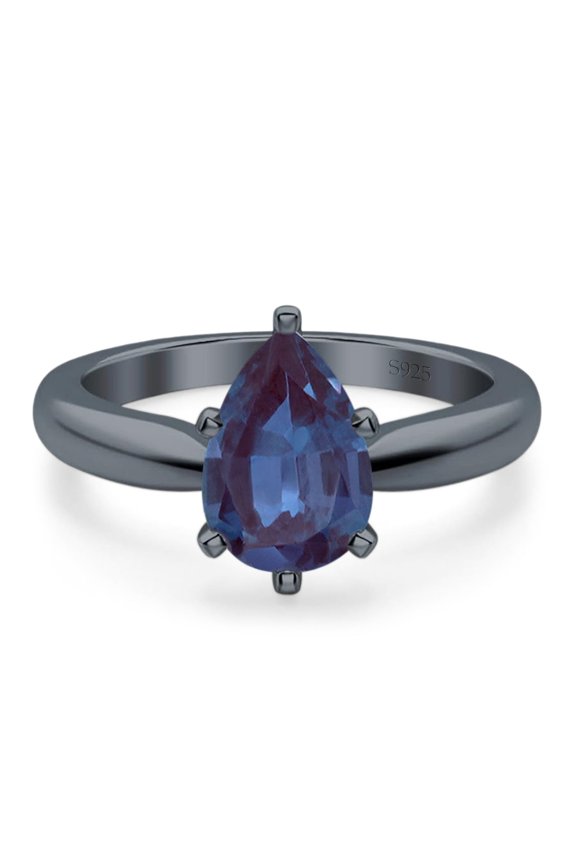 Lab Alexandrite Black Tone Silver Size-6 Minimalist Pear Teardrop Solitaire Cathedral Ring Vintage Style Wedding Engagement Ring 925 Sterling Silver Gifts For Her