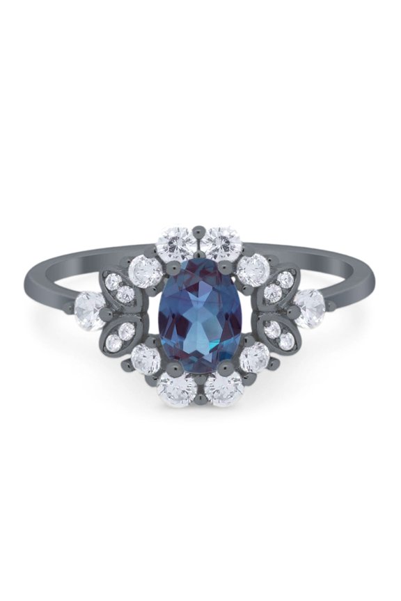 Lab Alexandrite Black Tone Silver Size-8 Art Deco Oval Flower Ring Vintage Style Floral Cluster CZ Wedding Engagement Rings For Women 925 Sterling Silver