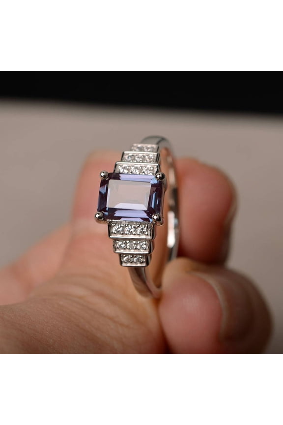 Lab Alexandrite Ring Engagement Ring Emerald Cut Color Change Gemstone Sterling Silver Ring June Birthstone