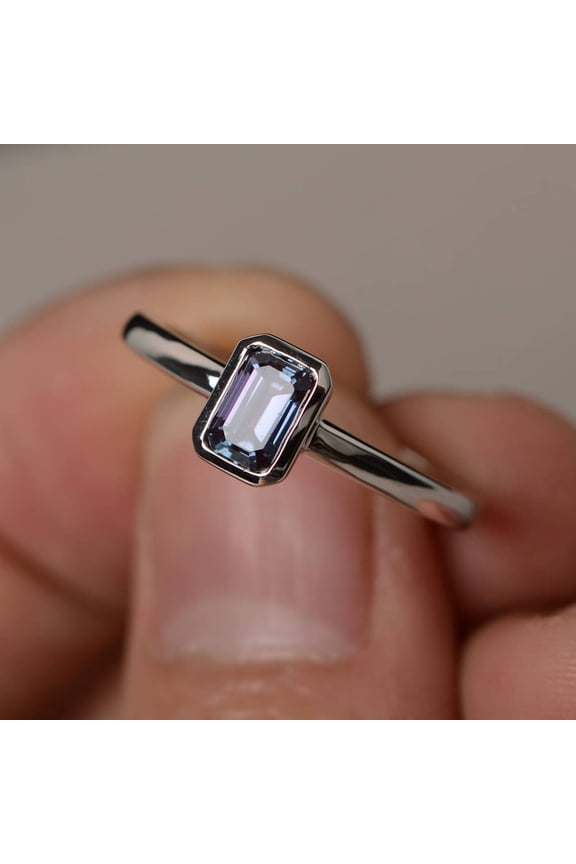 Lab Alexandrite Ring Silver Solitaire Engagement Ring Bezel Setting