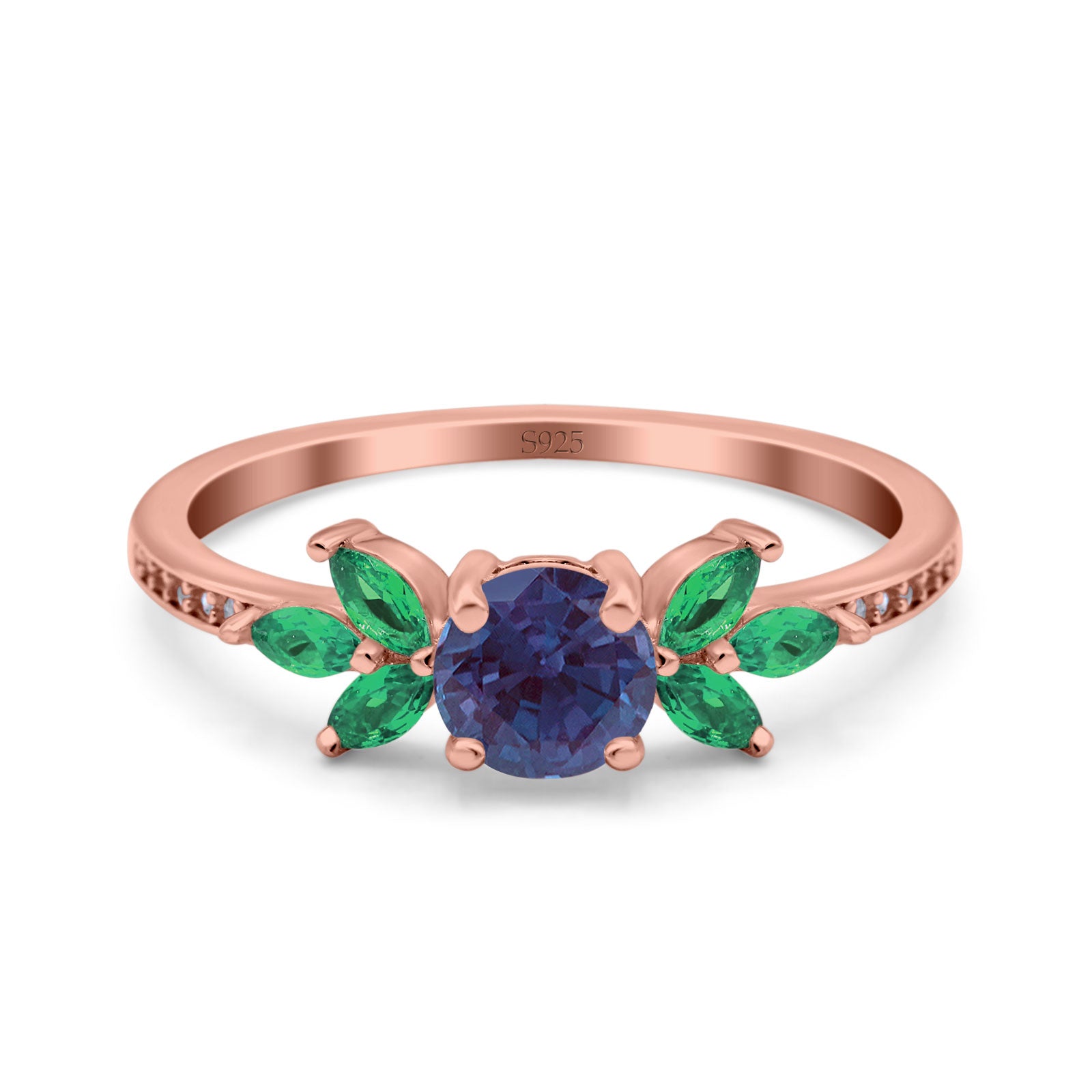 Lab Alexandrite Rose Tone Silver Size-8 Art Deco Round Floral Vintage Leaf Style Marquise Green Emerald CZ Wedding Engagement Rings For Women 925 Sterling Silver Gifts For Her