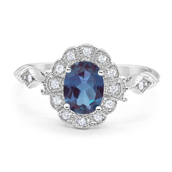 Lab Alexandrite Size-9 Art Deco Oval Vintage Style Flower Ring Halo CZ Wedding Engagement Floral Ring For Women 925 Sterling Silver Gifts For Her