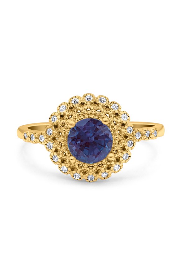 Lab Alexandrite Yellow Tone Silver Size-7 Art Deco Round Beaded Flower Ring Halo CZ Wedding Engagement Floral Ring 925 Sterling Silver Gifts For Her