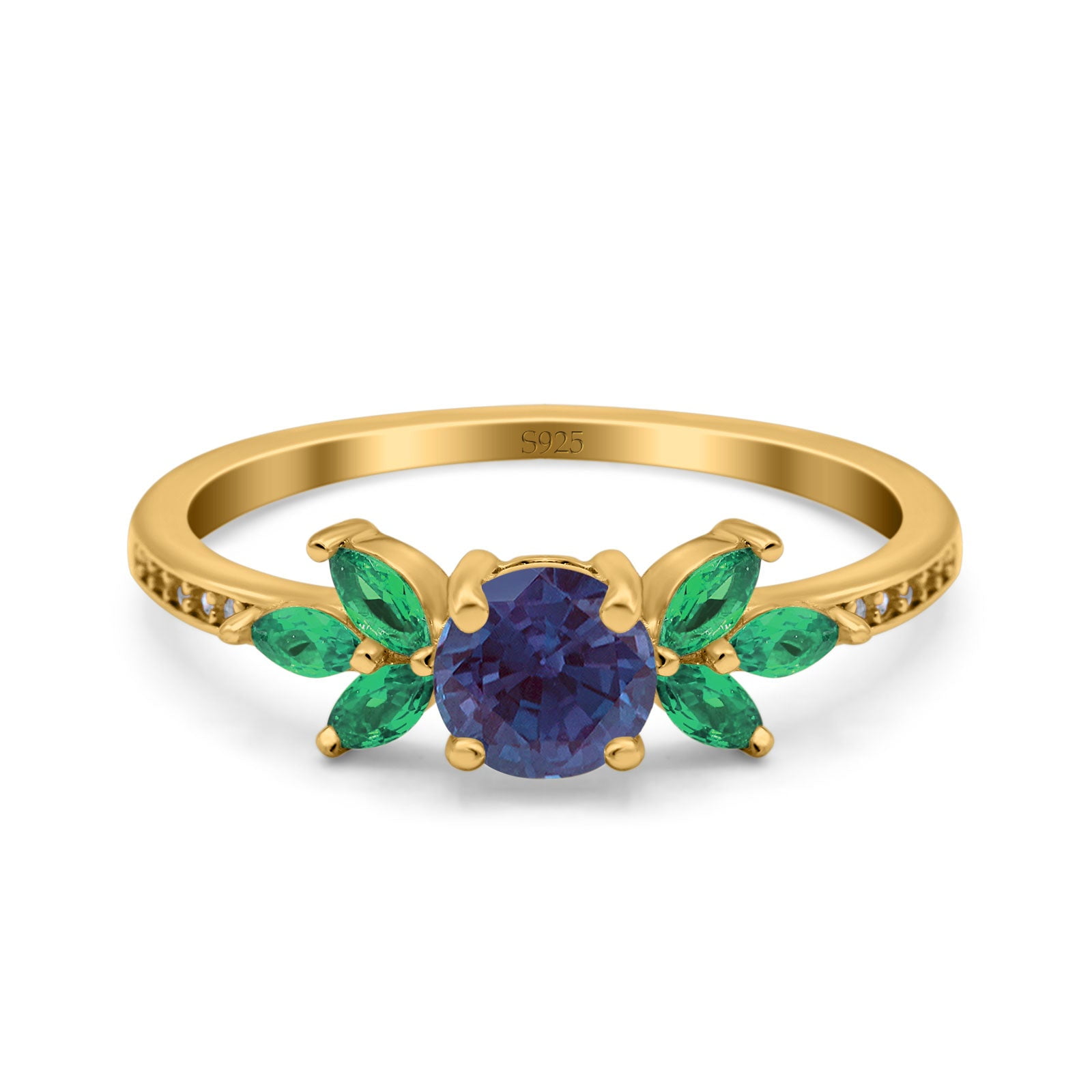 Lab Alexandrite Yellow Tone Silver Size-7 Art Deco Round Floral Vintage Leaf Style Marquise Green Emerald CZ Wedding Engagement Rings For Women 925 Sterling Silver Gifts For Her