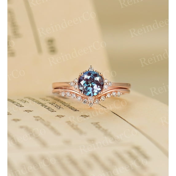 Lab Alexandrite engagement ring set Rose gold Plated anniversary ring vintage Couple Ring Gift For Love