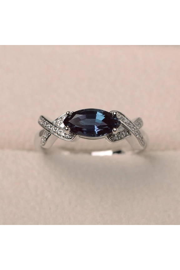 Lab Alexandrite ring, party ring, marquise cut gemstone, June birthstone, sterling silver ring,