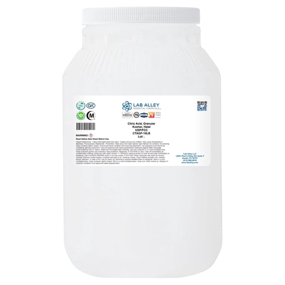 Lab Alley Citric Acid, Anhydrous, Granular, USP/FCC/Food Grade, Kosher, Halal, Ideal for Candy Making, Bath Bombs, Cleaning, and Crafts (10 Pounds)