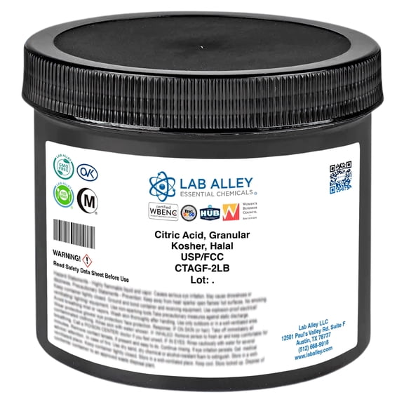 Lab Alley Citric Acid, Anhydrous, Granular, USP/FCC/Food Grade, Kosher, Halal, Ideal for Candy Making, Bath Bombs, Cleaning, and Crafts (2 Pounds)