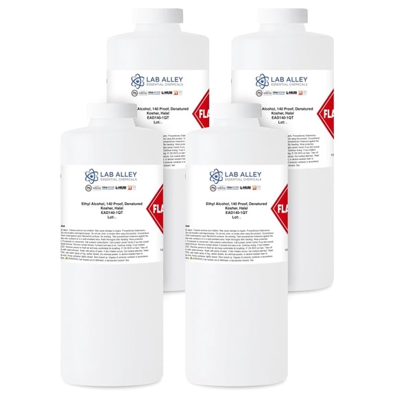 Lab Alley Denatured Ethanol 140 Proof, Kosher Certified, Halal, GMO-Free, Great for Cleaning - 1 Gallon Total (Pack of 4 x 1 Quart Bottles)