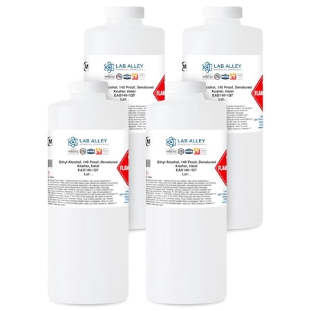 Lab Alley Denatured Ethanol 140 Proof, Kosher Certified, Halal, GMO-Free, Great for Cleaning, 4 x 1 Quart Bottles