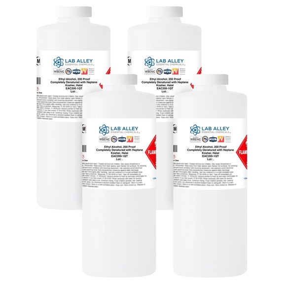 Lab Alley Ethanol 200 Proof (100%) Denatured with Heptane, Extraction Grade Solvent, Kosher & Halal Certified, Pack of 4 x 1 Quart Bottles
