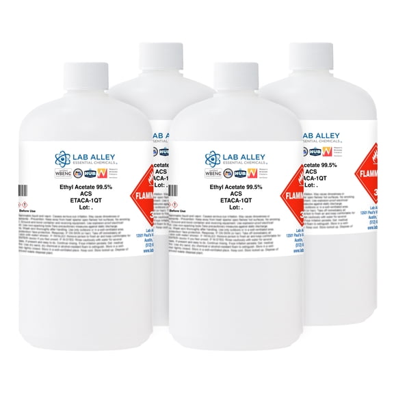 Lab Alley Ethyl Acetate 99.5% ACS Grade, Highest Purity Solvent Suitable for Food and Pharmaceutical Applications - Pack of 4 x 1 Quart Bottles