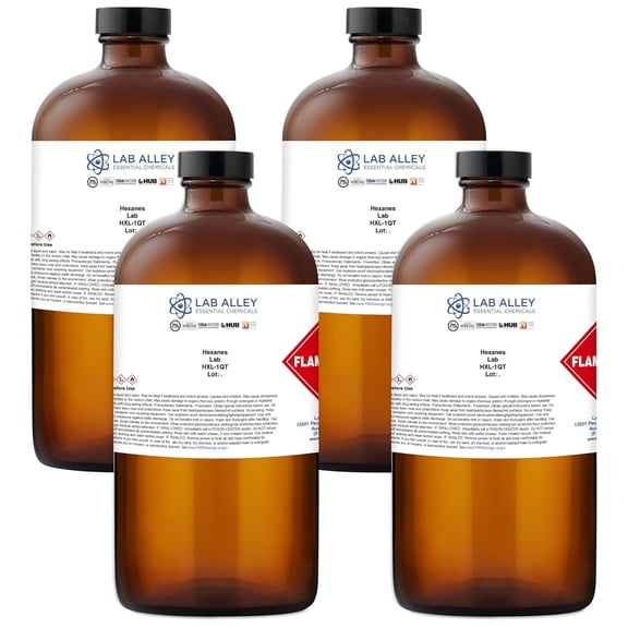 Lab Alley Hexanes Lab Grade Solvent, Non-Polar Chemical for Extractions, Sample Prep & General Laboratory Applications, 1 Gallon (Pack of 4 x 1 Quart Bottles)