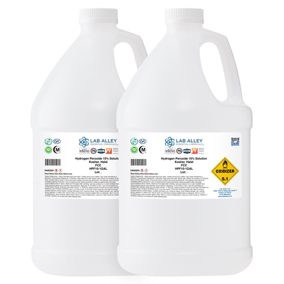 Lab Alley Hydrogen Peroxide 10% Food Grade, 2 Gallons, Kosher Certified, Halal, GMO-Free, Multi-Purpose Cleaner for Household, Laundry, and Skin Antiseptic Use