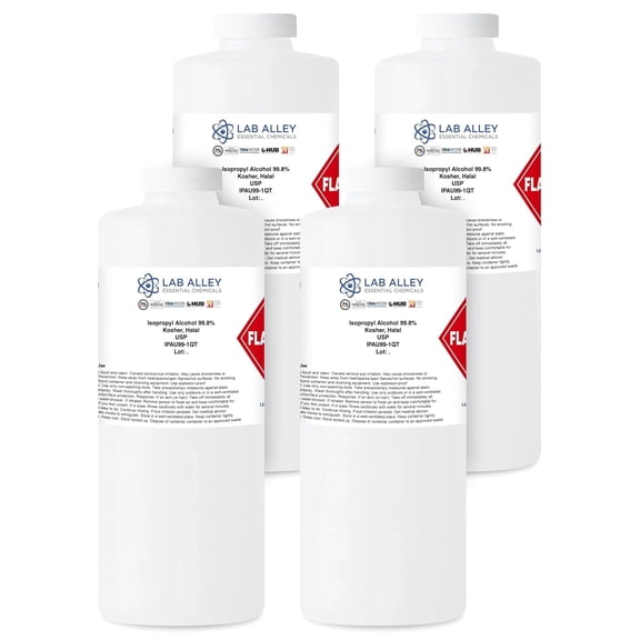 Lab Alley Isopropanol, USP Grade, 99.8%, Kosher Certified, Halal, GMO Free - Pack of 4 x 1 Quart Bottles