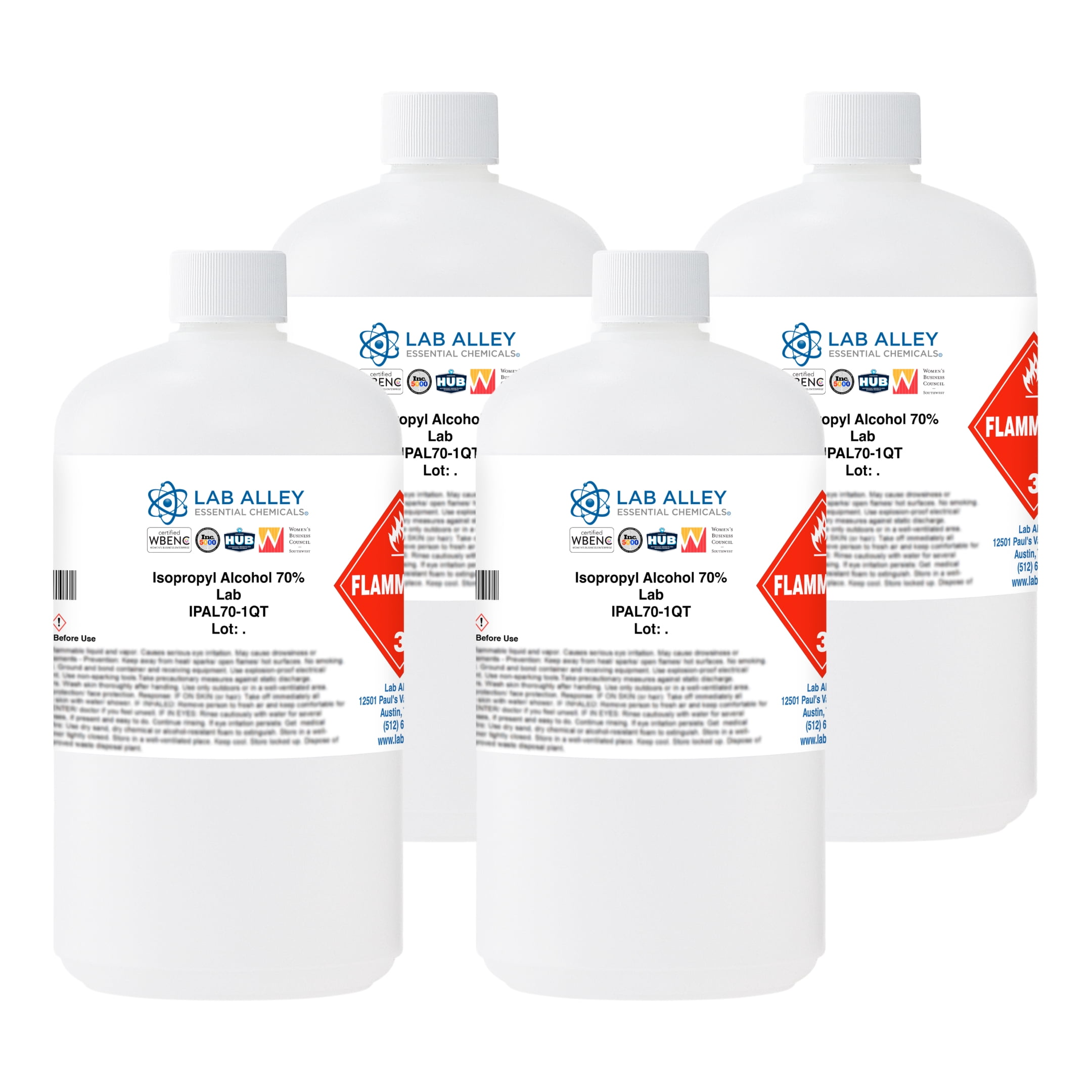 Lab Alley Isopropyl Alcohol 70% USP Grade, Ideal for First Aid and Home Cleaning, Halal - Pack of 4 x 1 Quart Bottles