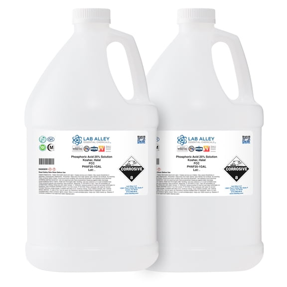 Lab Alley Phosphoric Acid 25% Solution, Food Grade (FCC), 2 Gallons, Kosher, Halal, Acidifier for Food, Beverages, Cosmetics, and Dental Cleaning Applications