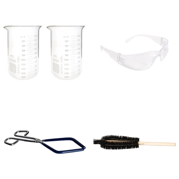 Lab Beaker Starter Kit - 2 - 2000ml Griffin Style Beaker, Beaker Brush (330mm), Safety Glasses, Beaker Tongs with Plastisol-Coated Jaws  Essential Labware Bundle