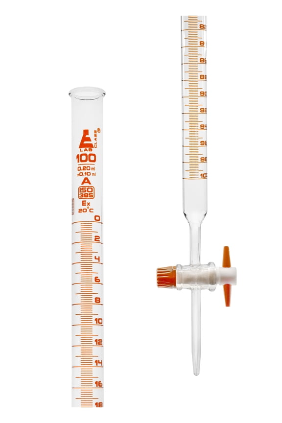 Lab Burette, 100mL - Class A - 0.2mL Amber Graduations - PTFE Stopcock - Borosilicate Glass Buret - Eisco Labs
