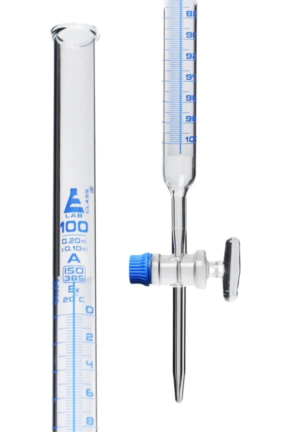 Lab Burette, 100mL - Schellbach Design for Accurate Miniscus Reading - Class A - 0.2mL Blue Graduations - Glass Stopcock - Borosilicate Glass Buret - Eisco Labs