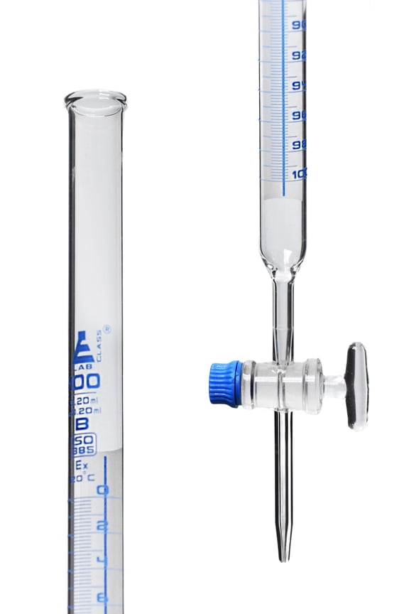 Lab Burette, 100mL - Schellbach Design for Accurate Miniscus Reading - Class B - 0.2mL Blue Graduations - Glass Stopcock - Borosilicate Glass Buret - Eisco Labs
