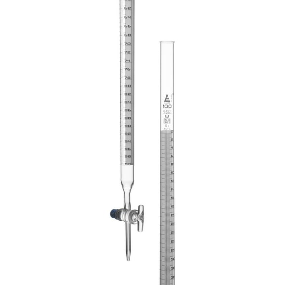 Lab Burette, 100mL - Schellbach Design for Accurate Miniscus Reading - Class B - 0.2mL White Graduations - Glass Stopcock - Borosilicate Glass Buret - Eisco Labs
