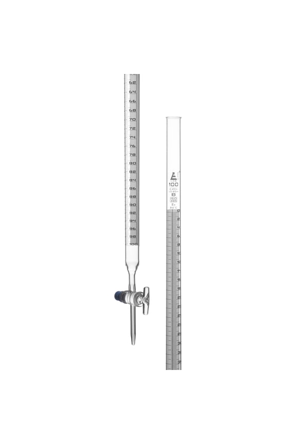 Lab Burette, 100mL - Schellbach Design for Accurate Miniscus Reading - Class B - 0.2mL White Graduations - Glass Stopcock - Borosilicate Glass Buret - Eisco Labs