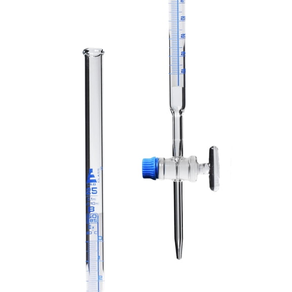 Lab Burette, 25mL - Schellbach Design for Accurate Miniscus Reading - Class B - 0.1mL Blue Graduations - Glass Stopcock - Borosilicate Glass Buret - Eisco Labs