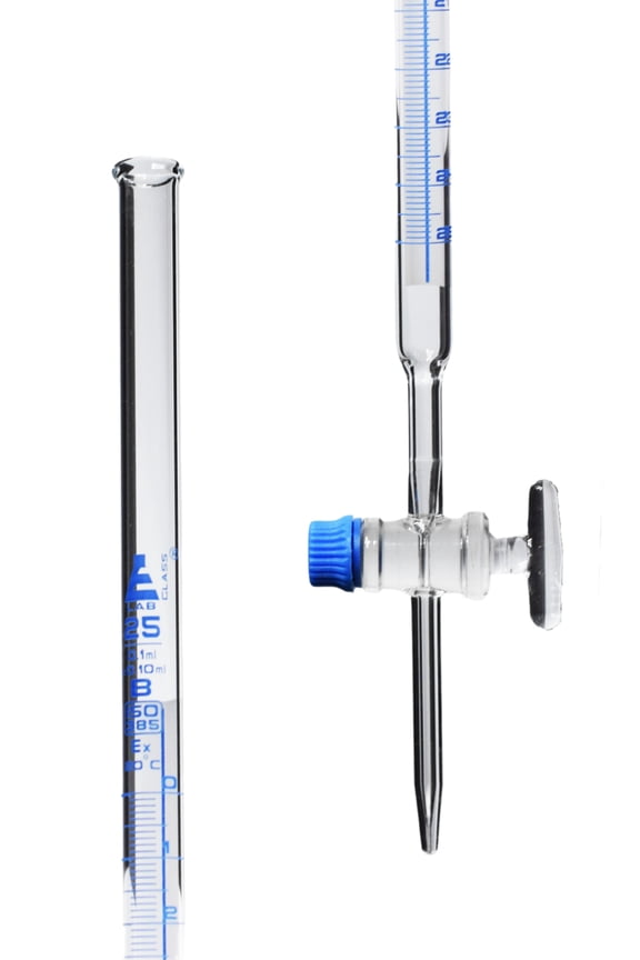 Lab Burette, 25mL - Schellbach Design for Accurate Miniscus Reading - Class B - 0.1mL Blue Graduations - Glass Stopcock - Borosilicate Glass Buret - Eisco Labs