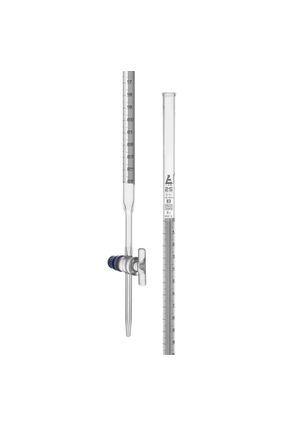 Lab Burette, 25mL - Schellbach Design for Accurate Miniscus Reading - Class B - 0.1mL White Graduations - Glass Stopcock - Borosilicate Glass Buret - Eisco Labs