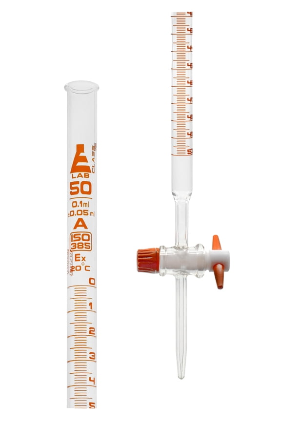 Lab Burette, 50mL - Class A - 0.1mL Amber Graduations - PTFE Stopcock - Borosilicate Glass Buret - Eisco Labs