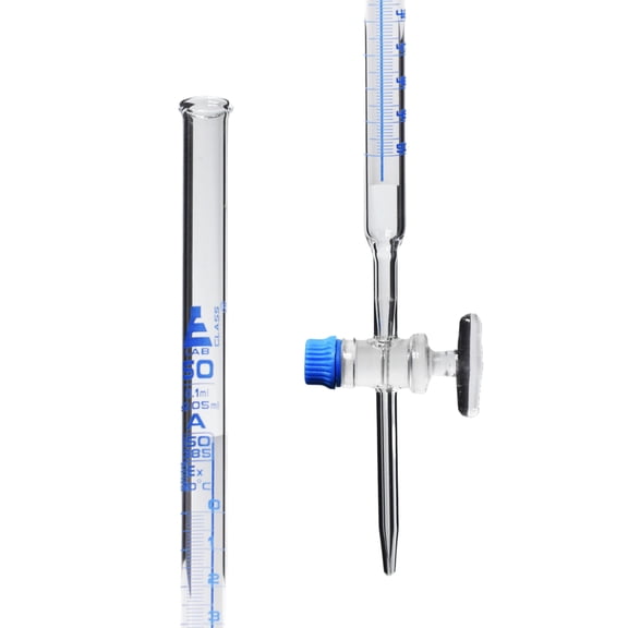 Lab Burette, 50mL - Schellbach Design for Accurate Miniscus Reading - Class A - 0.1mL Blue Graduations - Glass Stopcock - Borosilicate Glass Buret - Eisco Labs