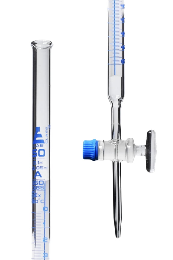 Lab Burette, 50mL - Schellbach Design for Accurate Miniscus Reading - Class A - 0.1mL Blue Graduations - Glass Stopcock - Borosilicate Glass Buret - Eisco Labs