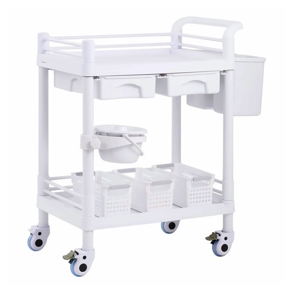 Lab Cart - 2 Tier Mobile Utility Cart with Drawers & Wheels, Medical Rolling Cart for Clinic, Hospital, Salon - PP Material, 110lbs Capacity, White