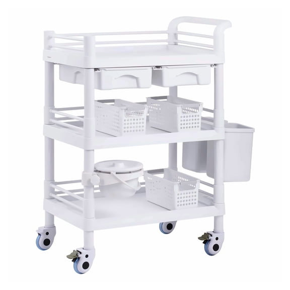 Lab Cart - 3 Tier Mobile Utility Cart with Wheels, PP Medical Cart with Trays & Bins for Clinic, Hospital, Salon - White