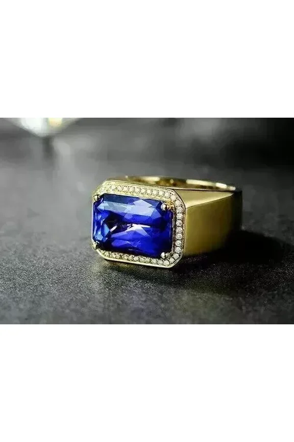 Lab-Created 2.20Ct Emerald Cut Tanzanite Men's Pinky Ring 14K Yellow Gold Plated