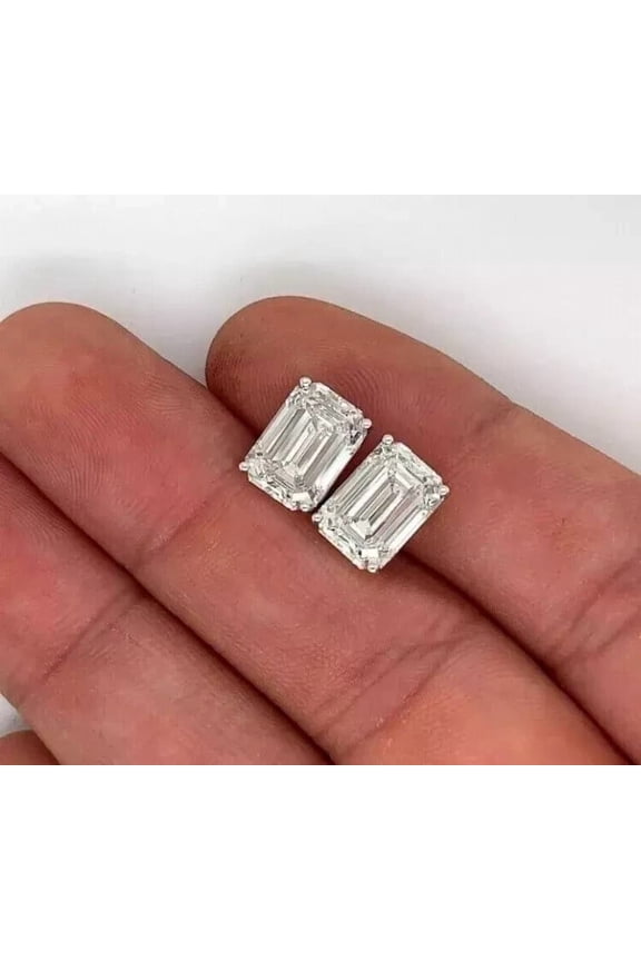 Lab Created 2 Cts D/ VVS1 Diamond Stud Earring Emerald Cut 14K Gold Plated Push Back