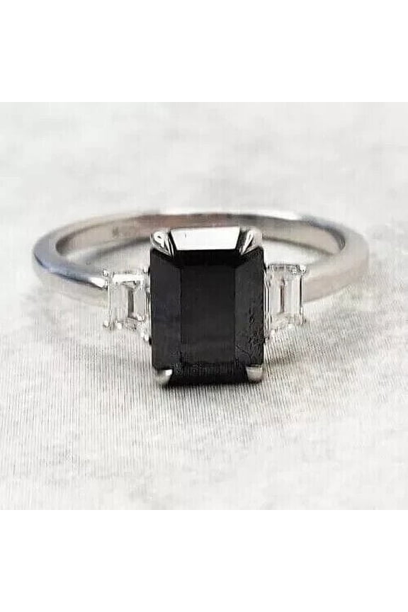 Lab-Created 2Ct Emerald Cut Black Diamond Women's Wedding Ring 14K White Gold Plated