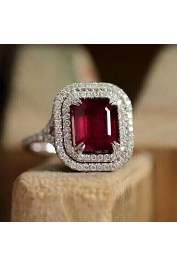 Lab Created 2Ct Emerald Cut Red Ruby Halo Women's Wedding Ring 14K White Gold Plated