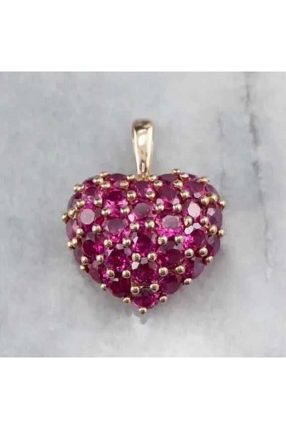 Lab Created 2Ct Round Ruby Cluster Heart Pendant Necklace 14K Yellow Gold Plated