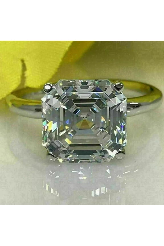 Lab-Created 3CT Asscher Cut Diamond Solitaire Ring 14K White Gold Plated Silver